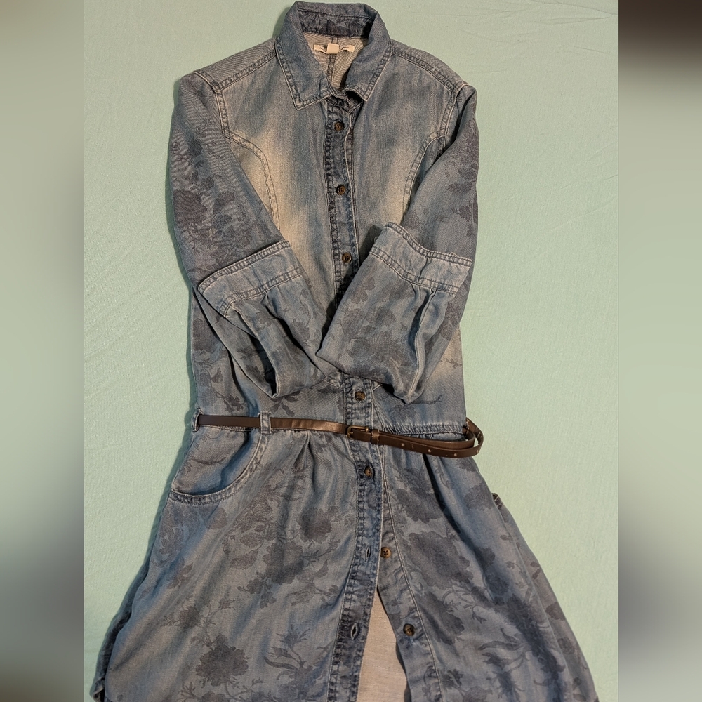 American Eagle Outfitters Floral Blue Denim Dress (Women's XS)